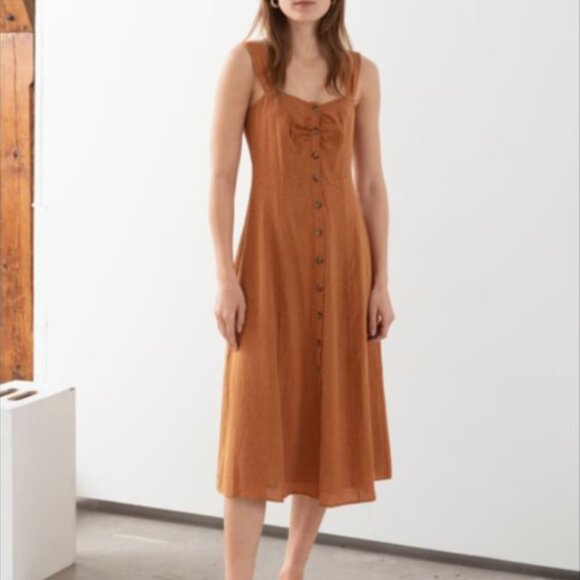 & Other Stories‎ Marigold Orange Button Front Linen Blend Midi Dress Size 0 - Picture 1 of 9